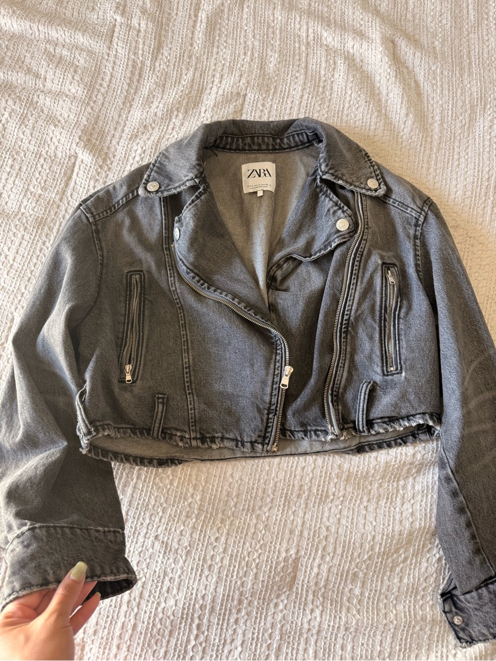 Zara Gray Cropped Denim Moto Jacket